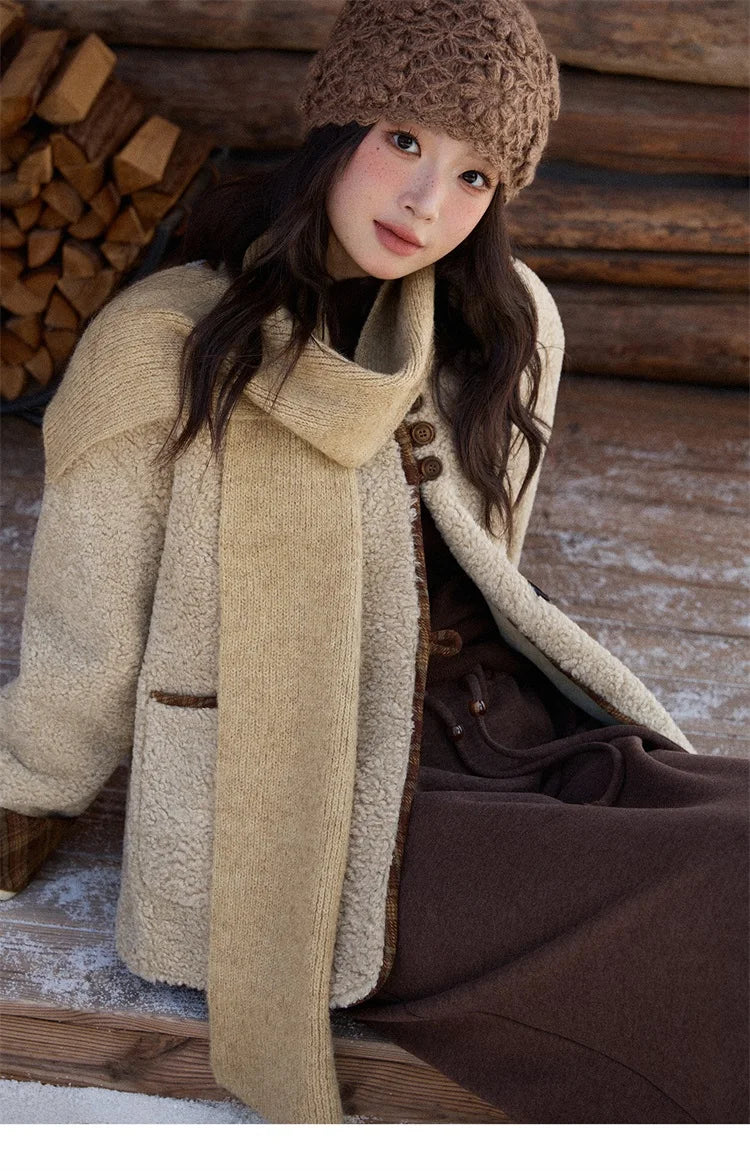Mishow Plaid Patchwork Lamb Wool Round Neck Coat MXE90W0923