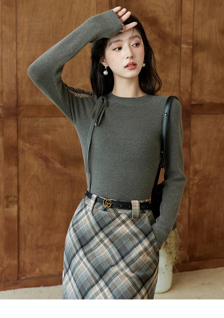 Mishow Hollow Tie Design Bottoming Knit Sweater MXD45Z0766