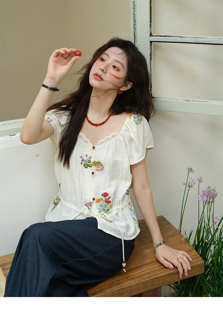 MISHOW Flower Embroidery Square Neck Lace Blouse MXE37X1895