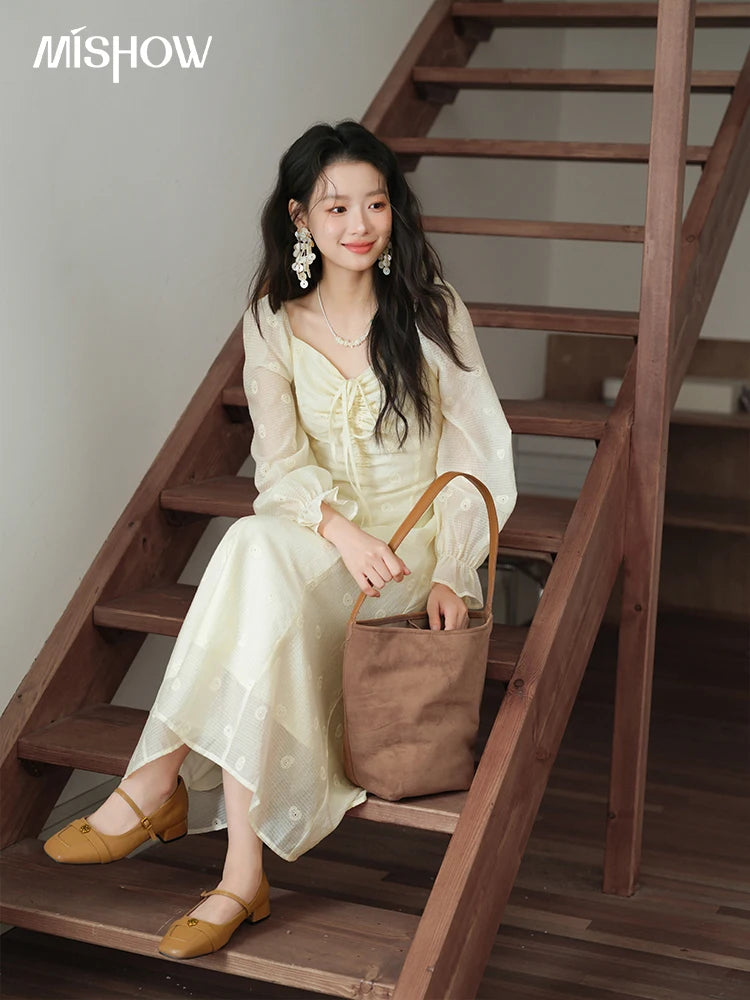 Mishow Cashew Flower Embroidered V-Neck Drawstring Dress MXE41L2387