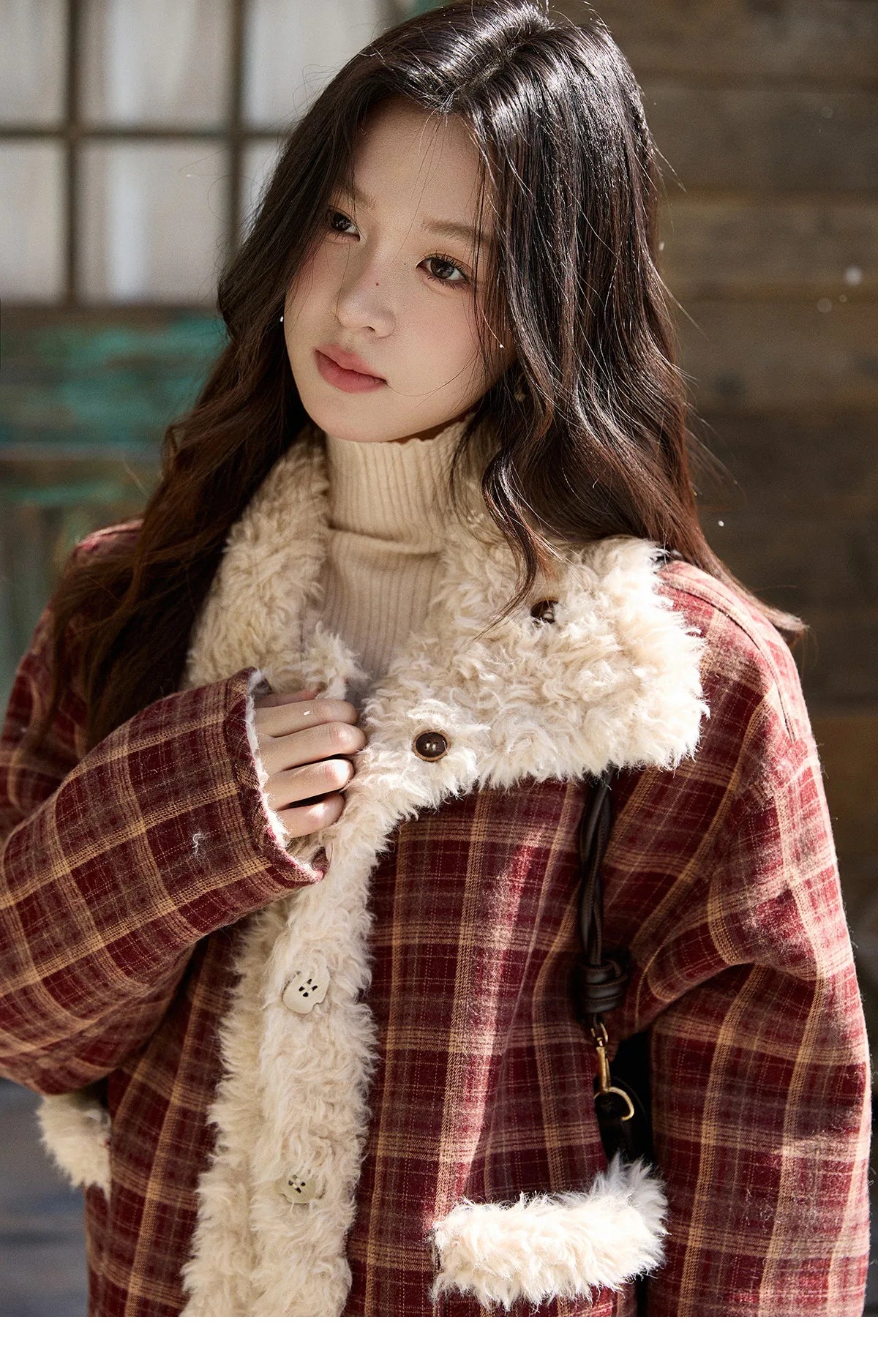 Mishow Reversible Red Plaid Lamb Wool Coat MXE93W1009