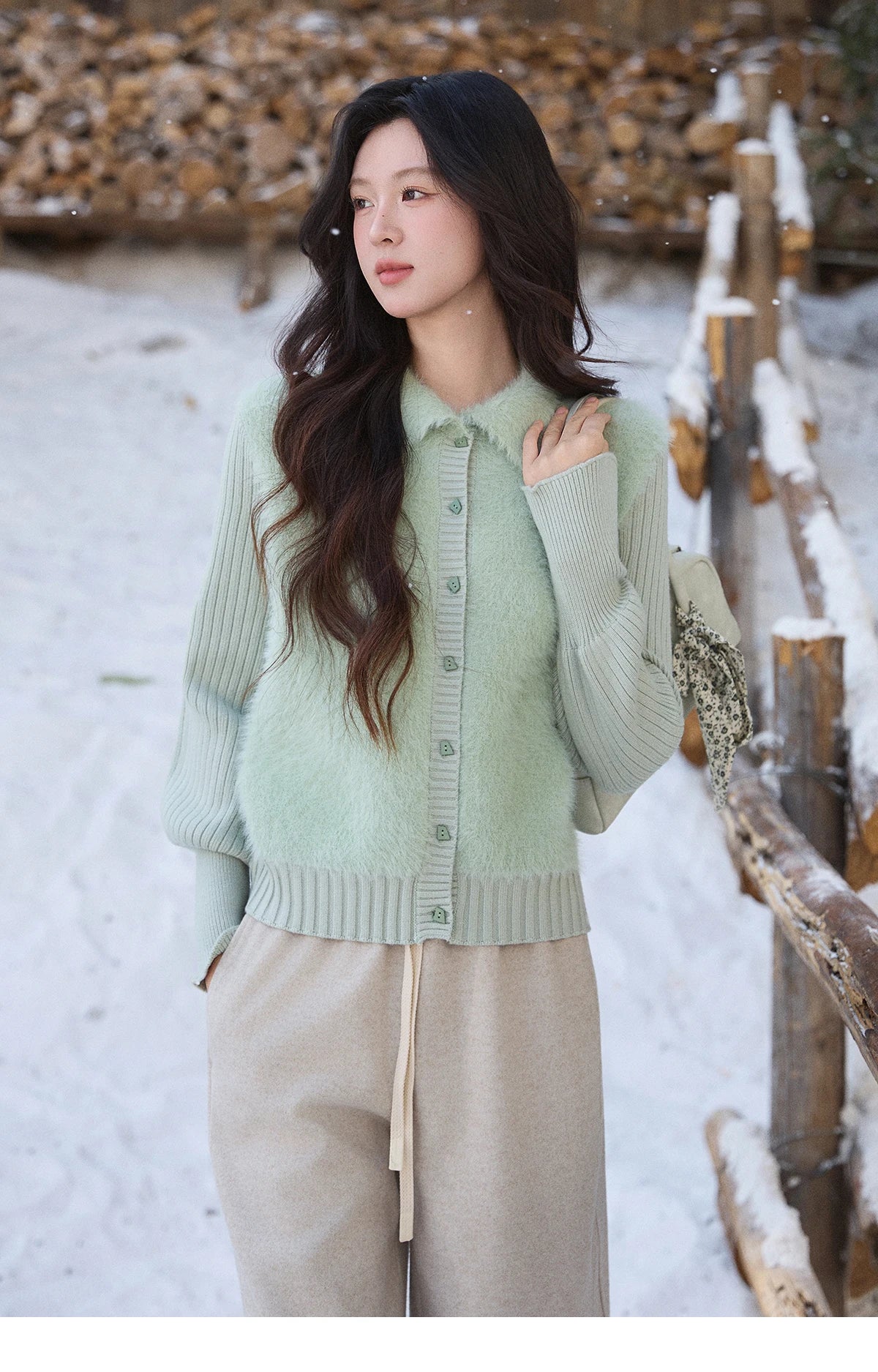 Mishow Green Faux Mink Fur Patchwork Lapel Cardigan MXE86Z2764