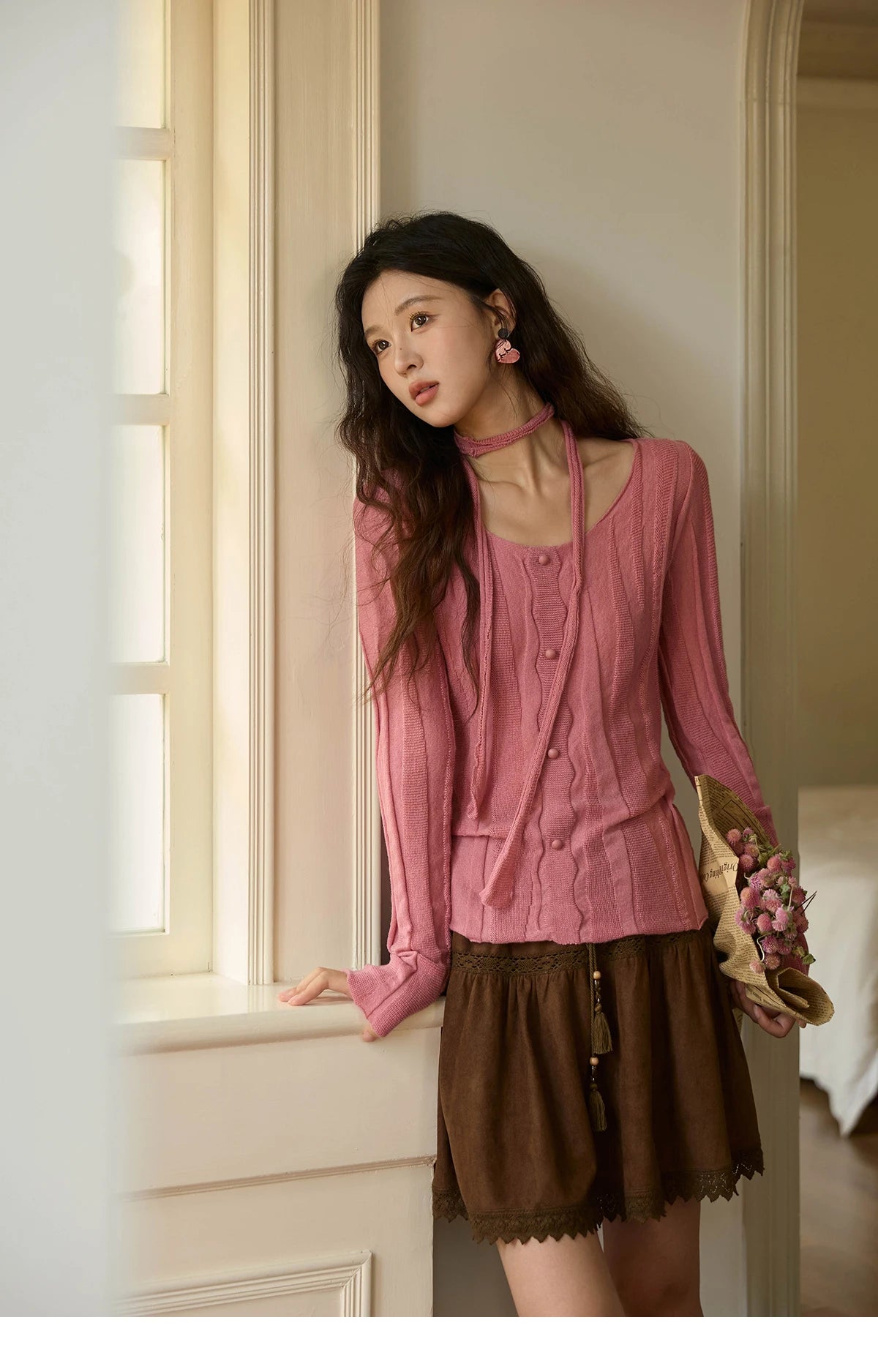 Mishow French Slim Scoop Neck Draped Tie Pullover MXE42Z1322