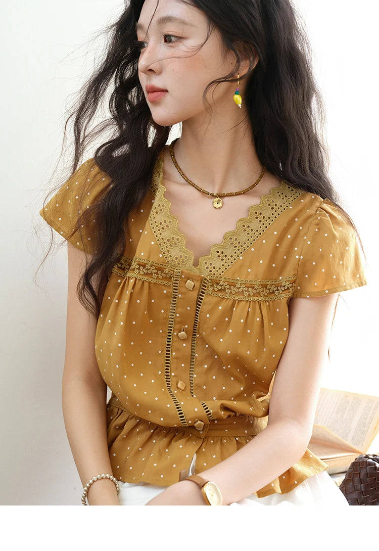 MISHOW V-Neck Lace Polka Dot Blouse Ruffled Button MXE38X1847