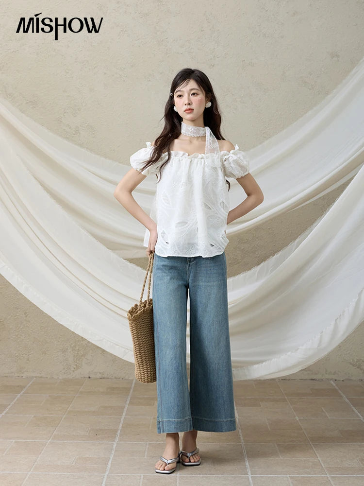 MISHOW Slash Neck Lace Blouse Short Sleeve Solid MXE35X1775