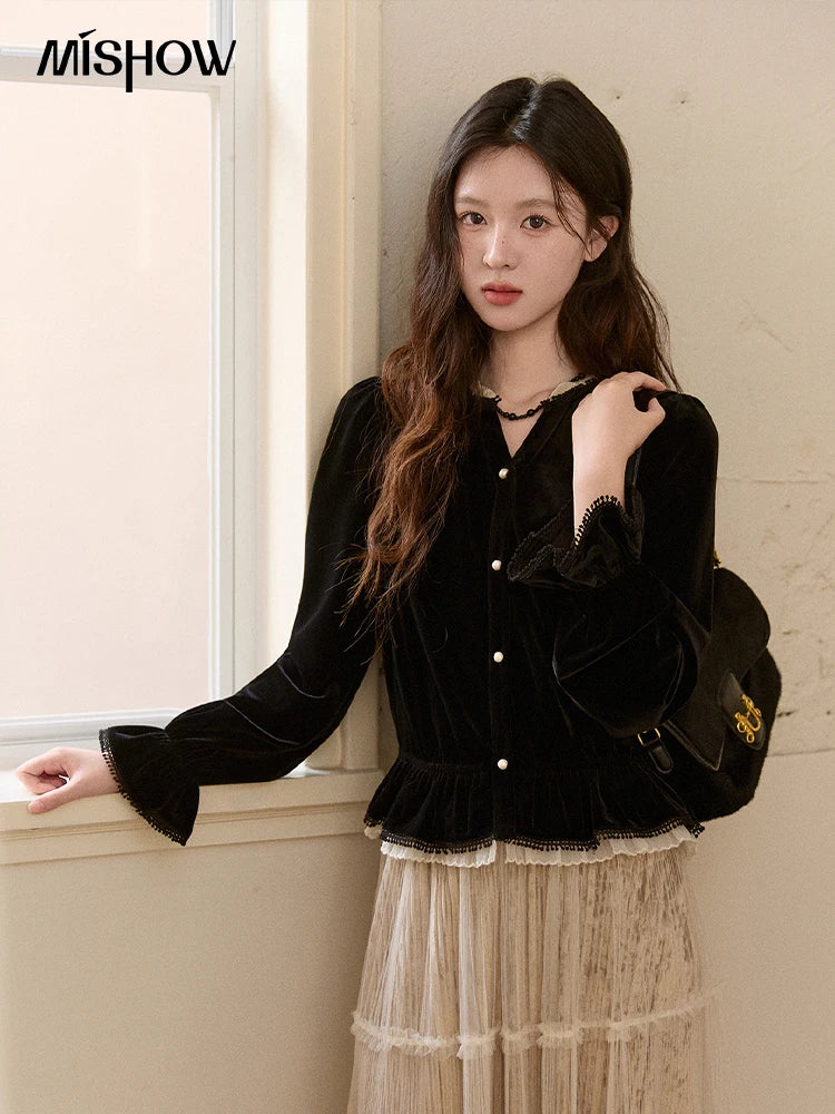 Mishow Black Velvet Lace Pearl Button Puff Sleeve Shirt MXE94X2516