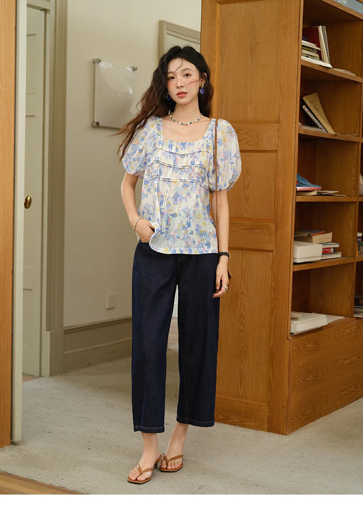 MISHOW Square Neck Puff Sleeve Blouse Print Top MXE39X1937