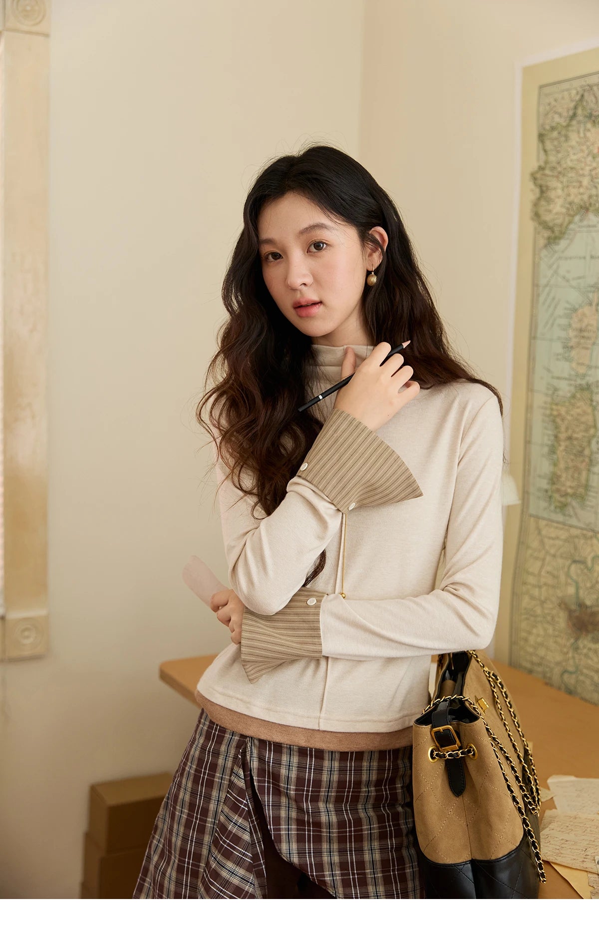 Mishow Apricot Stand Collar Slim Top with Detachable Cuffs MXE49Z2532