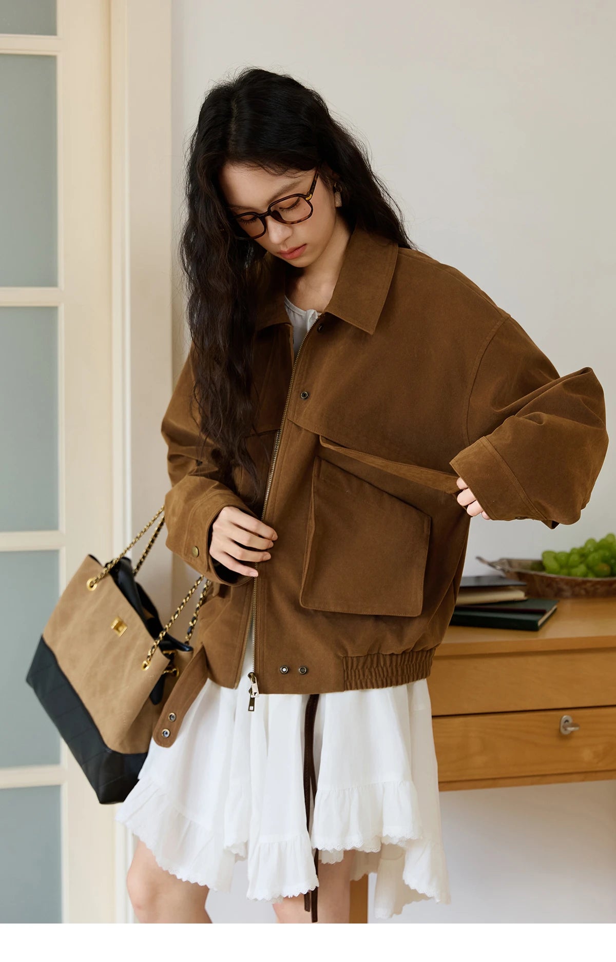 MISHOW Suede Retro Brown Jacket Pocket Zipper Loose Lapel MXE46W0866
