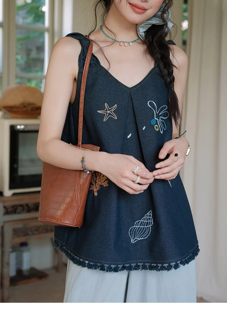 Mishow Embroidery Lace Tassel Denim Vest MXE37X1860
