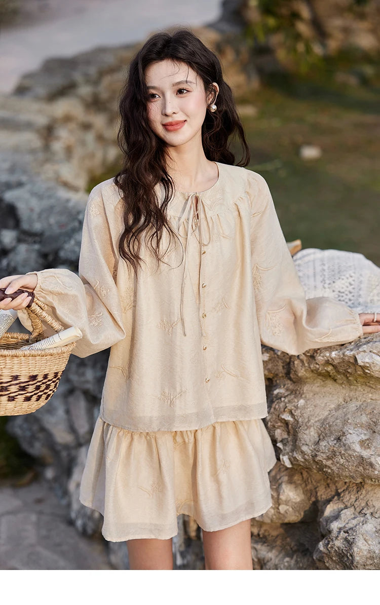 Mishow Iris Embroidery Blouse & Elastic Waist Skirt Set MXE13T0454