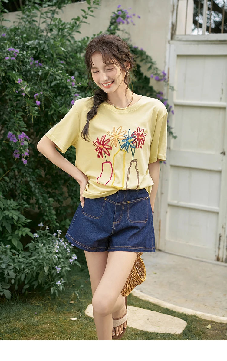 Mishow Embroidered Flower Pocket Wide Leg Denim Shorts MXD26K0707