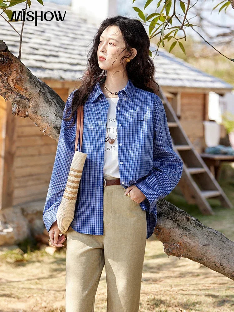 MISHOW Retro Blue Checkered Shirt Lapel Cotton Loose MXE11C0398