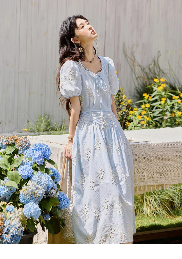 Mishow Blue Square Neck Bubble Sleeve Cotton Dress MXE35L2234