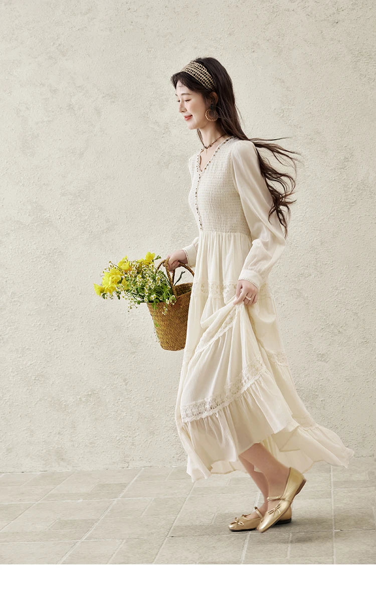 Mishow Apricot 100% Cotton Splicing Lace Dress MXE16L2168