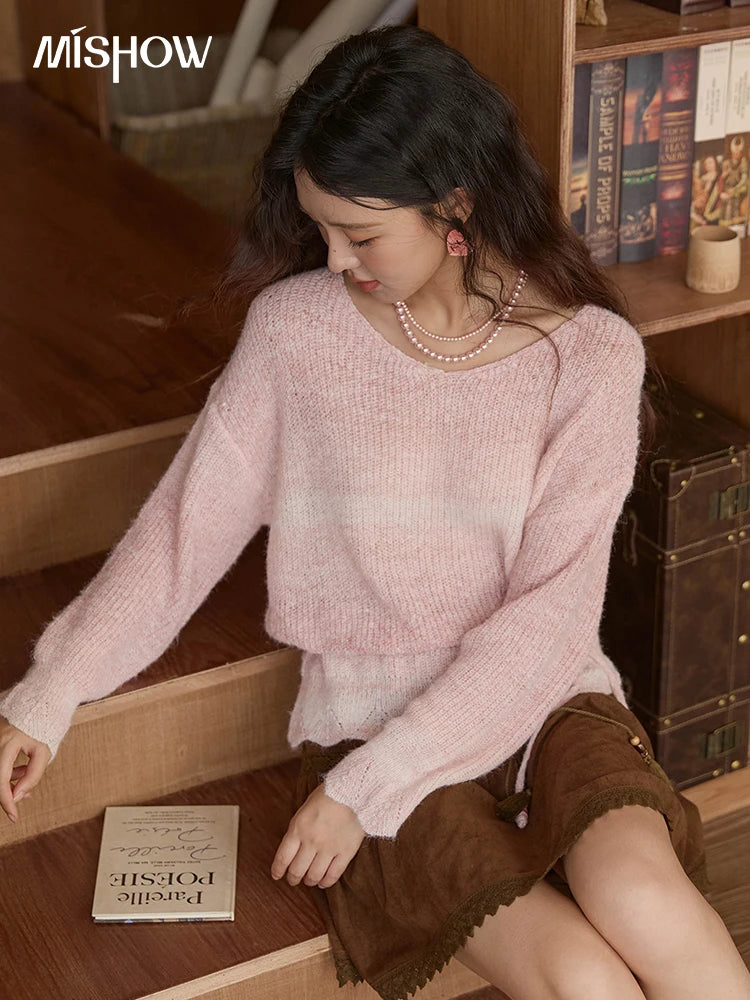 Mishow Pink Gradient Ribbed Cuff Sweater with Rope MXE43Z1334