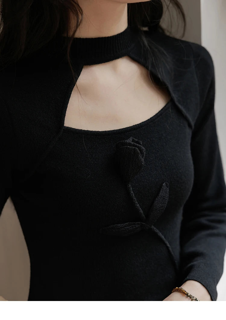 Mishow French Vintage Black Hollow Mock Neck Sweater MXD42Z0731