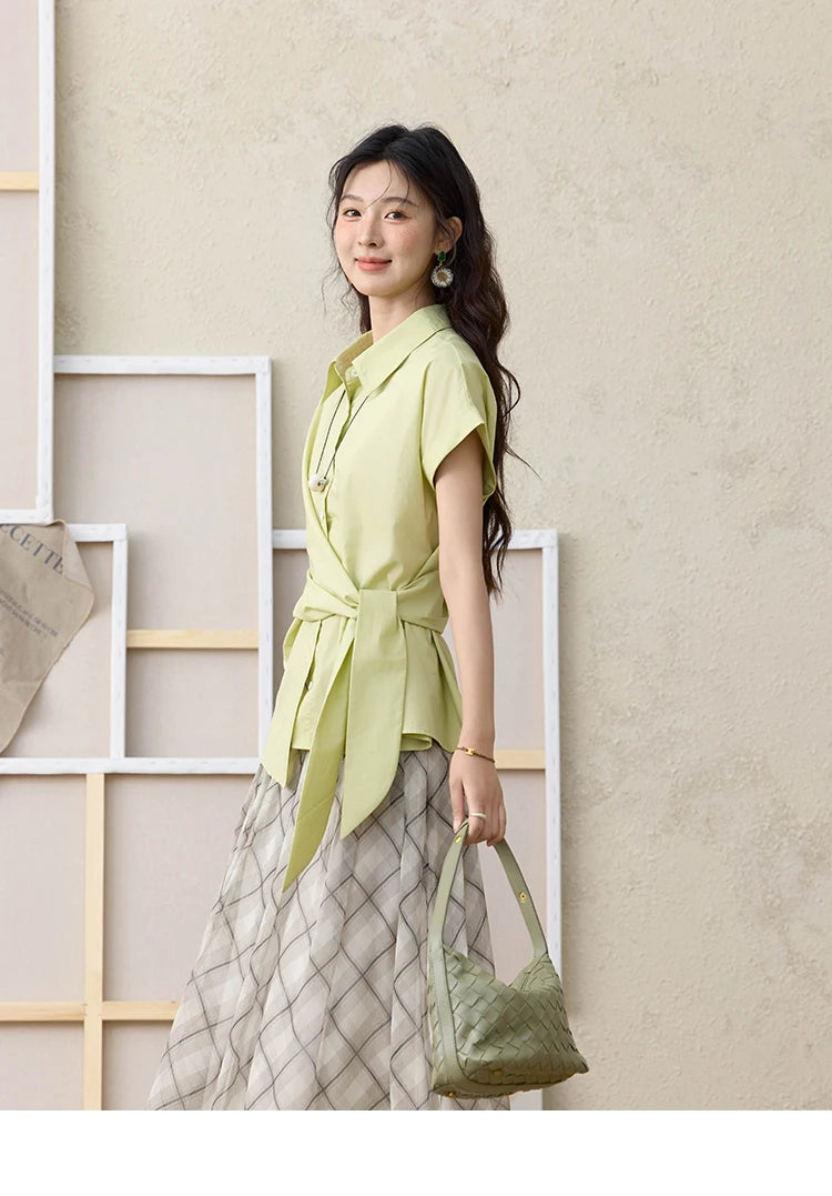 MISHOW Apricot Green Retro Plaid Skirt Pleated Chiffon High Waist A-Line MXE35B0747