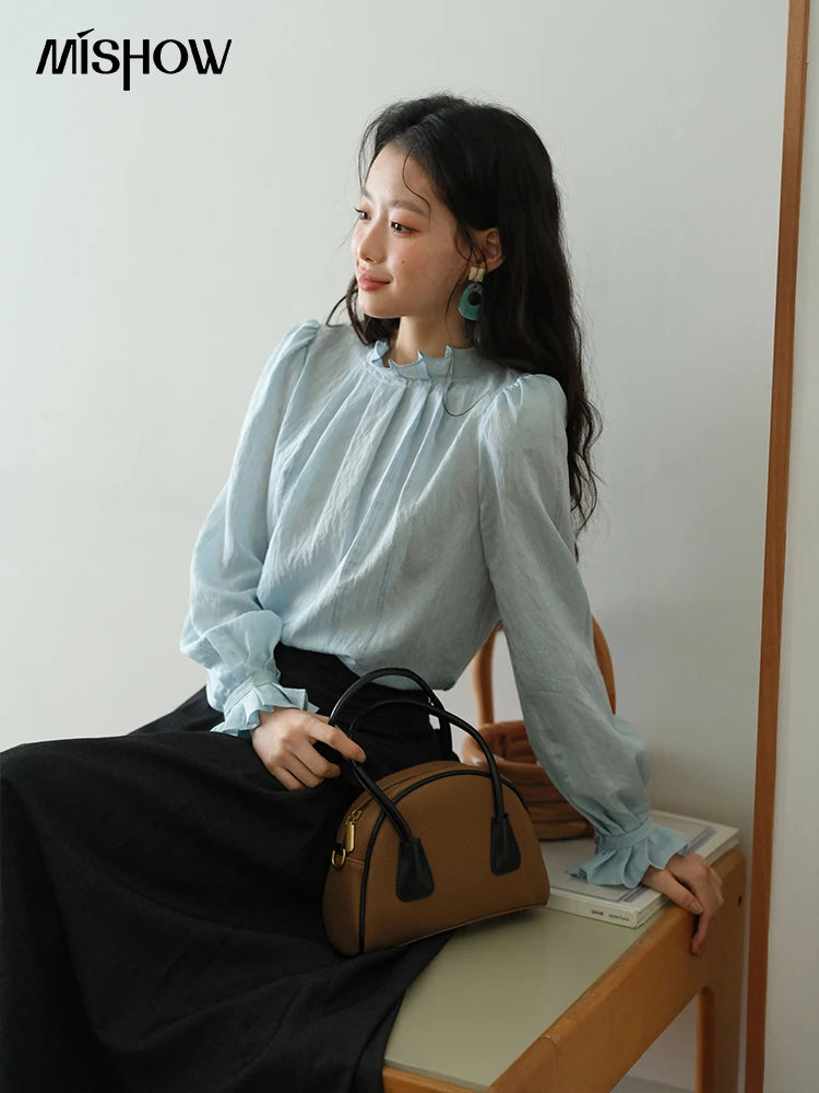 MISHOW Blue Jacquard Blouse Stand Collar Bubble Sleeves MXE41X1934