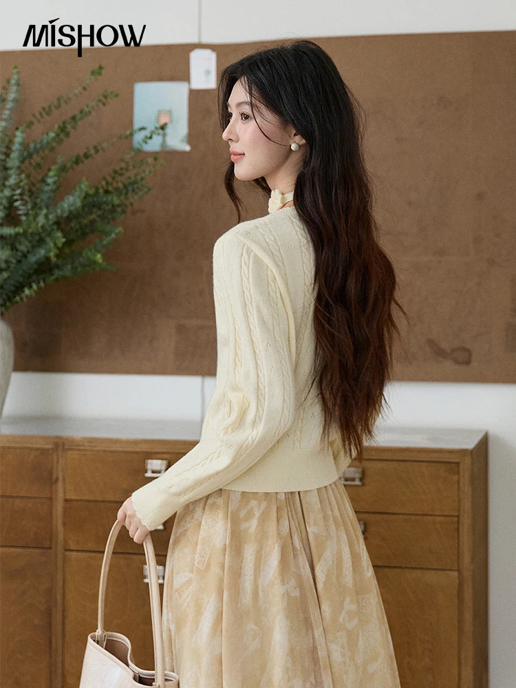 Mishow Beige Cable Knit Square Neck Cardigan MXF11Z2903