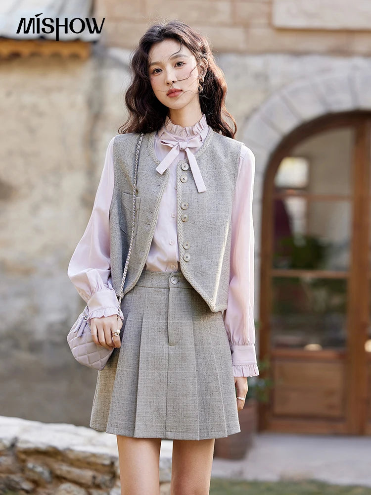 Mishow Korean Woolen Vest & Pleated Mini Skirt Set MXE13W0708