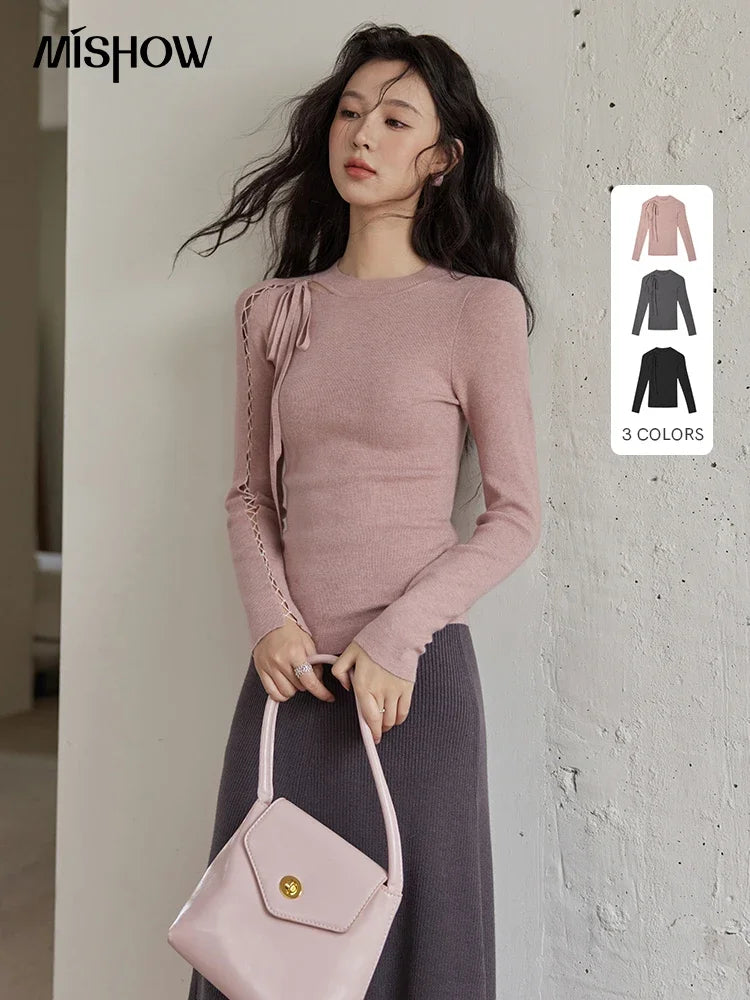 Mishow Hollow Tie Design Bottoming Knit Sweater MXD45Z0766