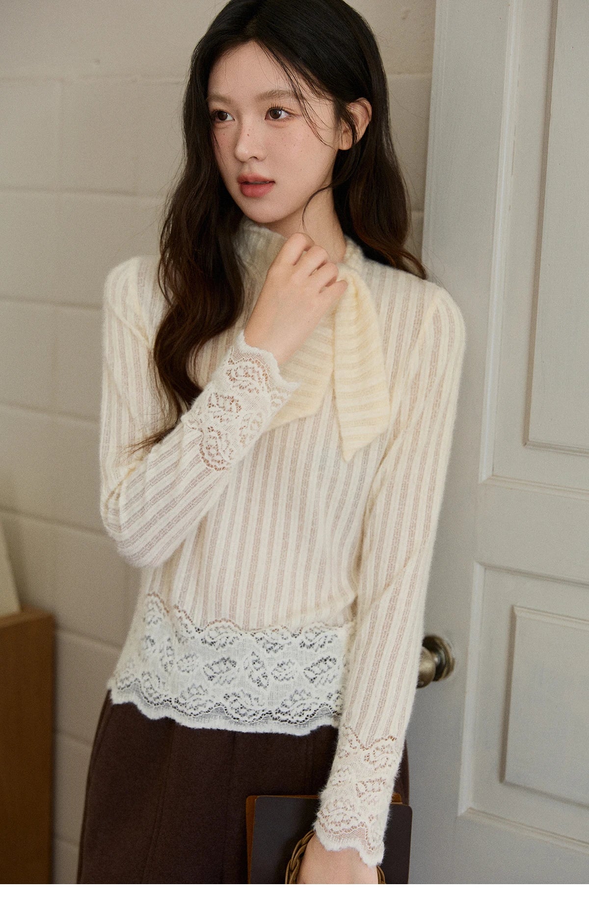 Mishow French Lace-Up Vertical Stripe Knit Top MXE92Z2797