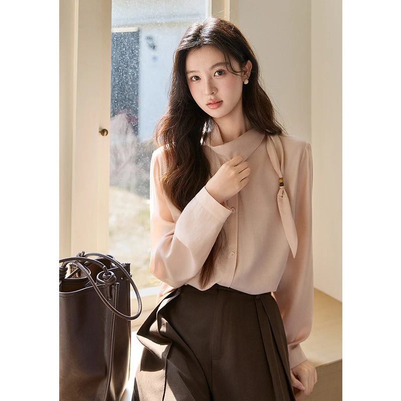 MISHOW Nude Pink Ribbon Stand Neck Shirt Button-Down MXE11X2547