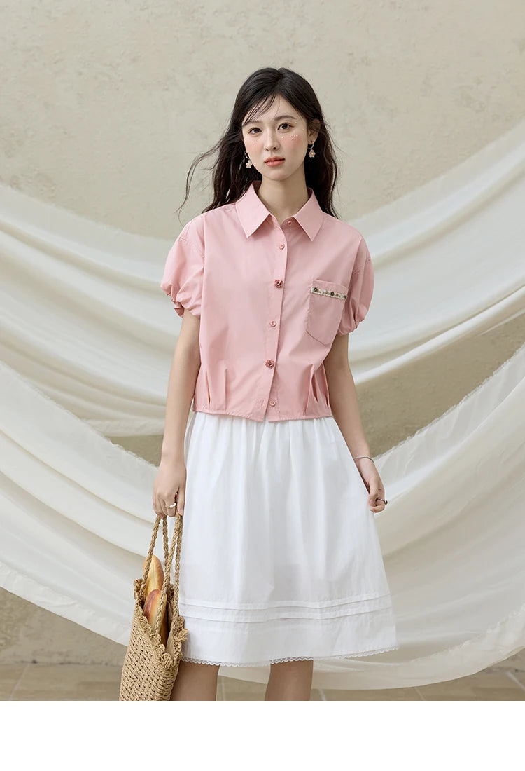 MISHOW Short Puff Sleeve Blouse Turn Down Collar Shell Ribbon MXE33C0773