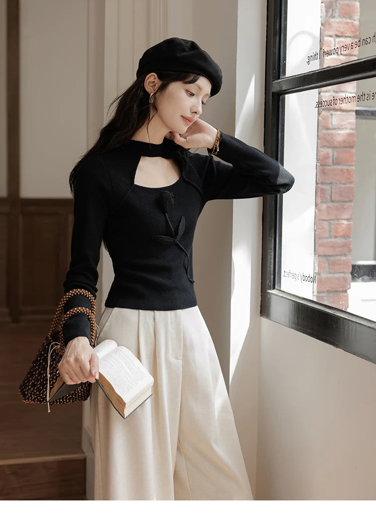 Mishow French Vintage Black Hollow Mock Neck Sweater MXD42Z0731
