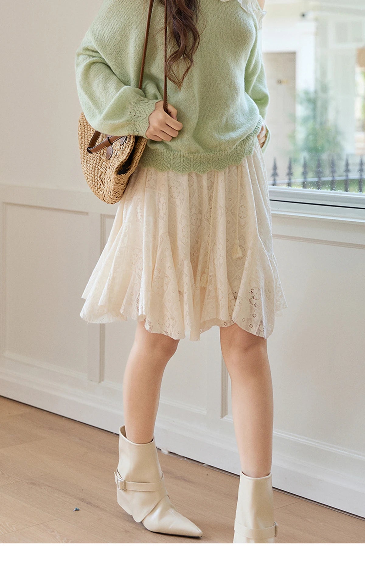 Mishow Beige Apricot Lace Tassel Midi Skirt MXF108B0768