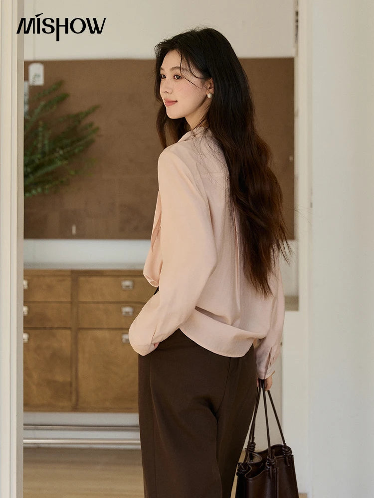 MISHOW Nude Pink Ribbon Stand Neck Shirt Button-Down MXE11X2547