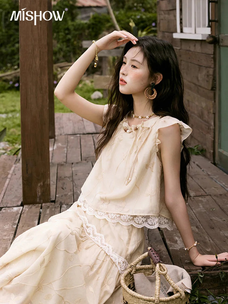 Mishow Short Flying Sleeve Top & Hollow Embroidery A-Line Skirt Set MXE33T0545