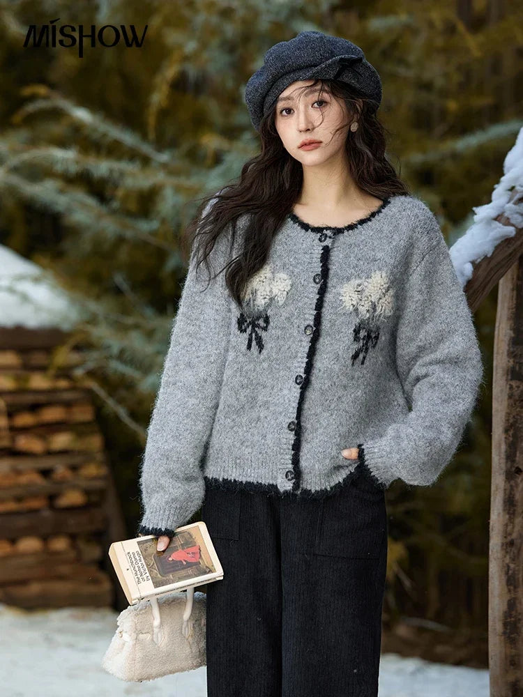 Mishow Wool Blend Bouquet Embroidery Color Clash Cardigan MXD54Z0951