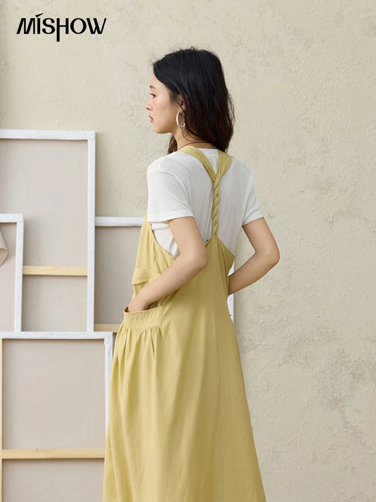 Mishow Lemon-Yellow Cargo Pocket Square Neck Dress MXE35L2302