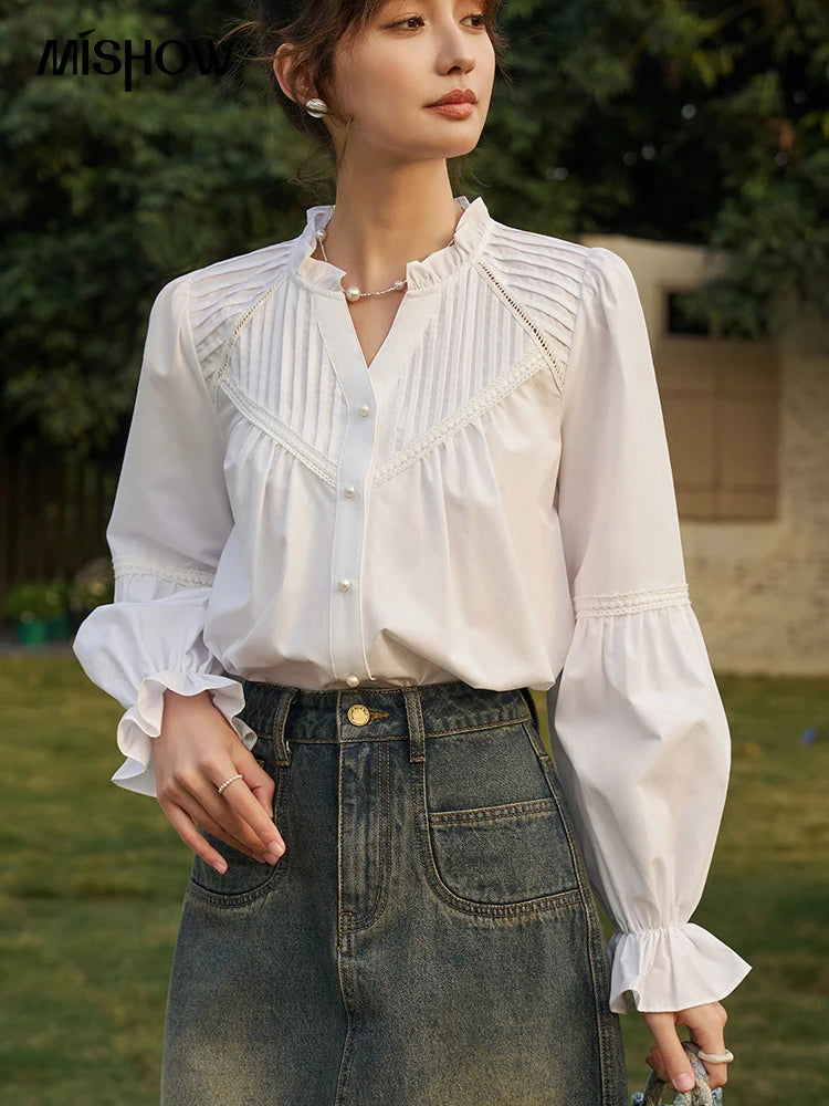 MISHOW French Pleated V-Neck Shirt Petal Patchwork Ruffle Sleeve MXD13X1354