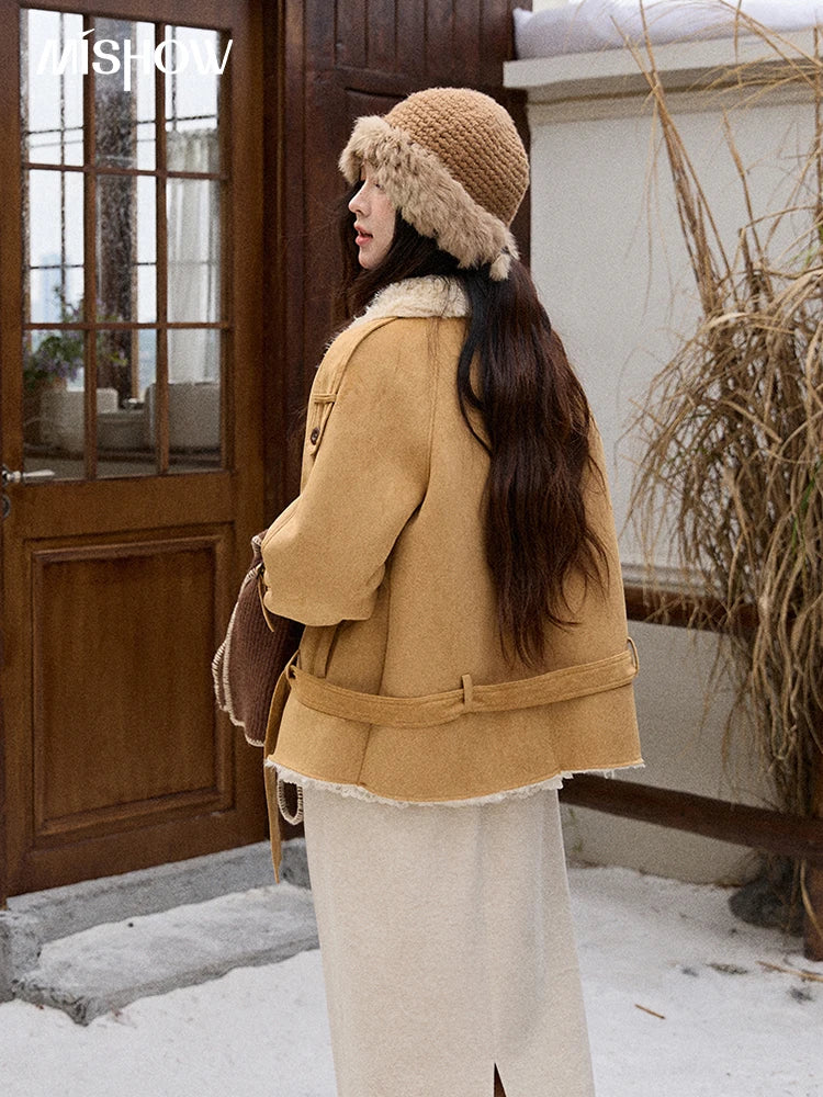 MISHOW Suede Lambskin Fleece Coat Double Breasted Windproof MXE86W0907