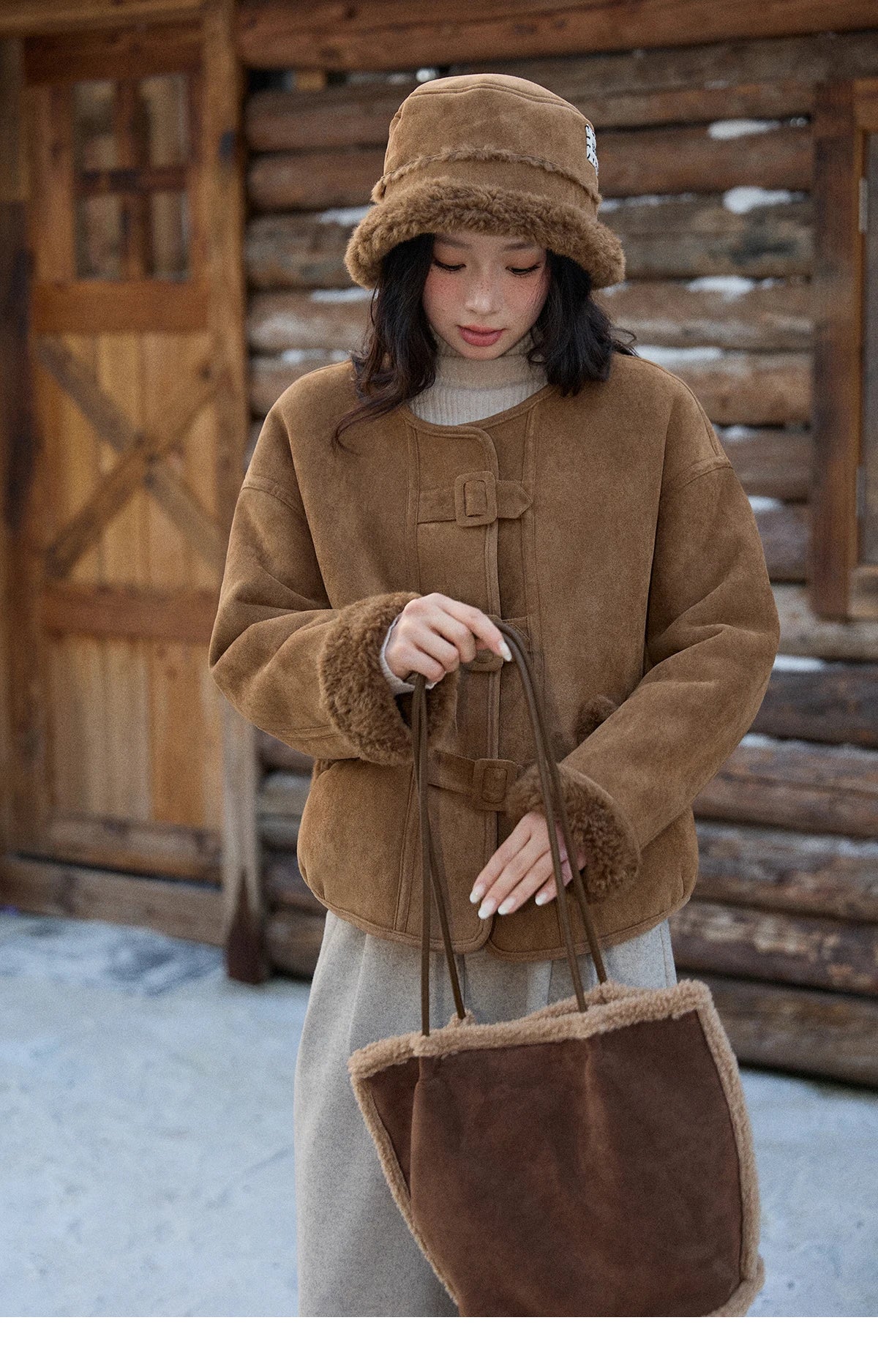 MISHOW Brown Round Neck Coat Button Pockets Loose Windproof MXE90W0994