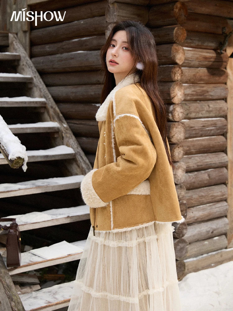 MISHOW Floral Embroidered Fur Jacket Plush Lapel Zipper MXE87W0918