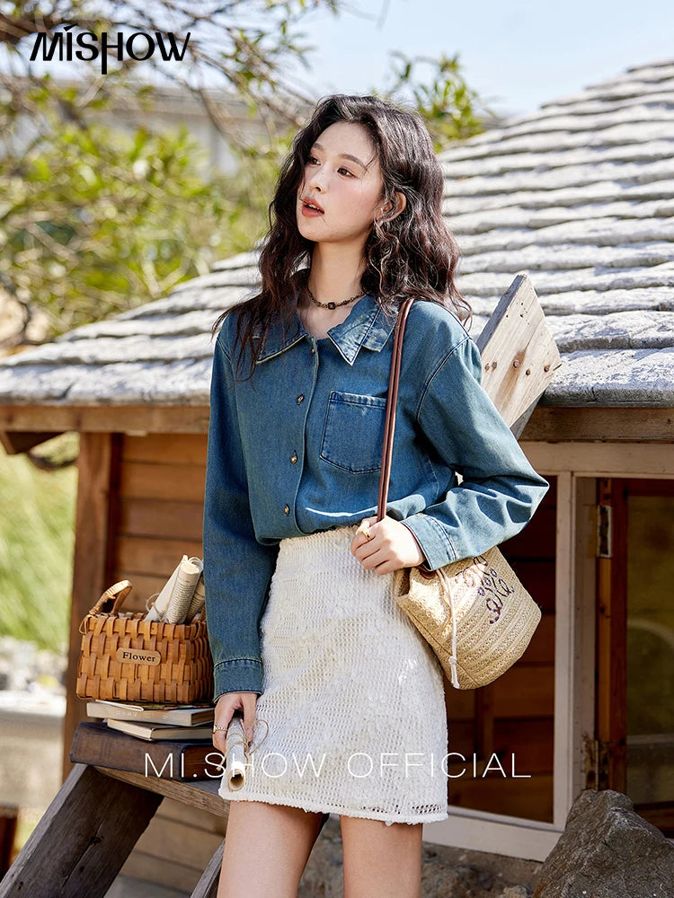 MISHOW Washed Denim Shirt Double Layered Patchwork Collar Metal Buckle MXE12C0751