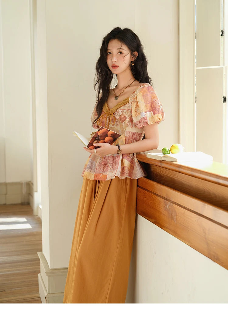 MISHOW V-Neck Lace Up Patchwork Blouse Puff Sleeve Floral Print MXE38X1911