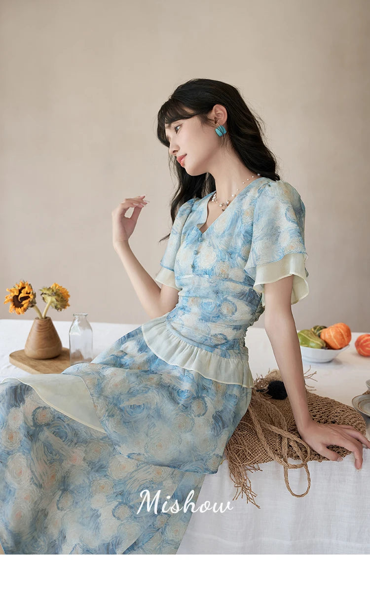Mishow Van Gogh Double Layer Sleeve Asymmetrical Dress MXC39L1527