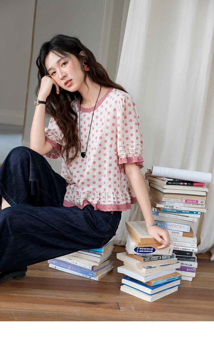 MISHOW Pink Polka Dot Puff Sleeve Blouse MXE37X1900
