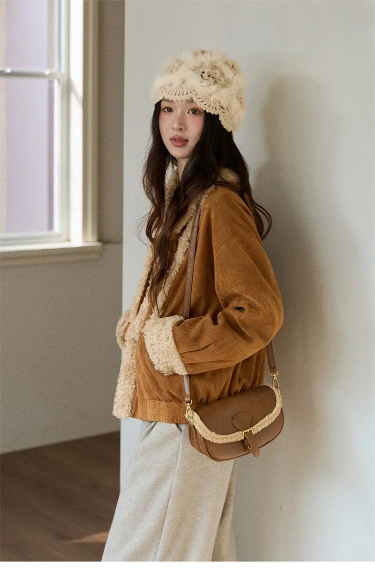 MISHOW Retro Brown Suede Jacket Patchwork Fur Turn Down Collar MXE89W0895
