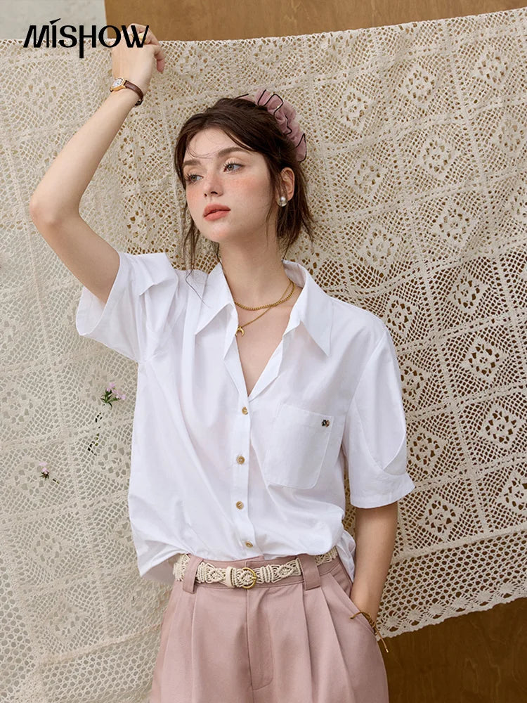 MISHOW French Turn-Down Collar Short Sleeve Solid Blouse MXE33C0778