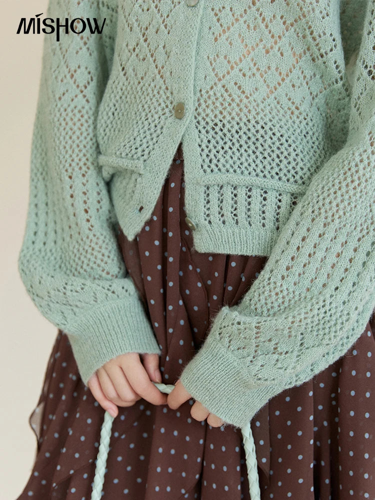 Mishow Mint Green Crew Neck Hollow Cardigan MXF108Z1046