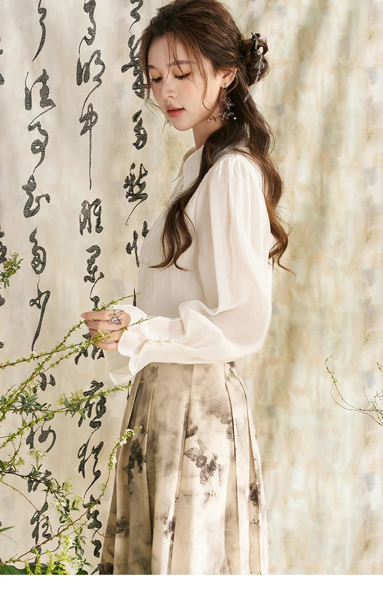 MISHOW Chinese Lapel Shirt Pearl Embellishments Petal Sleeve MXD11X1344