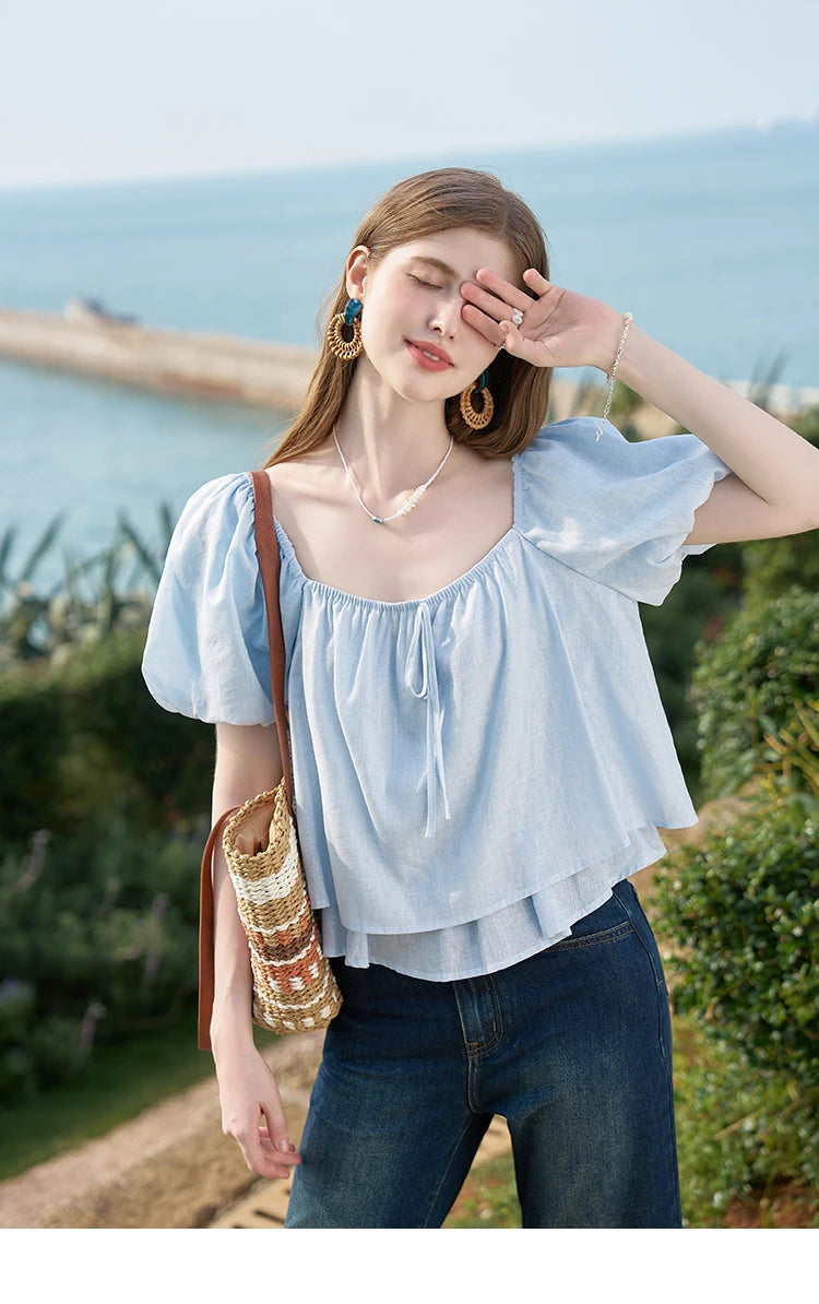 MISHOW Square Neck Blouse Tied Lantern Sleeve Double Layered Hem MXD26X1551