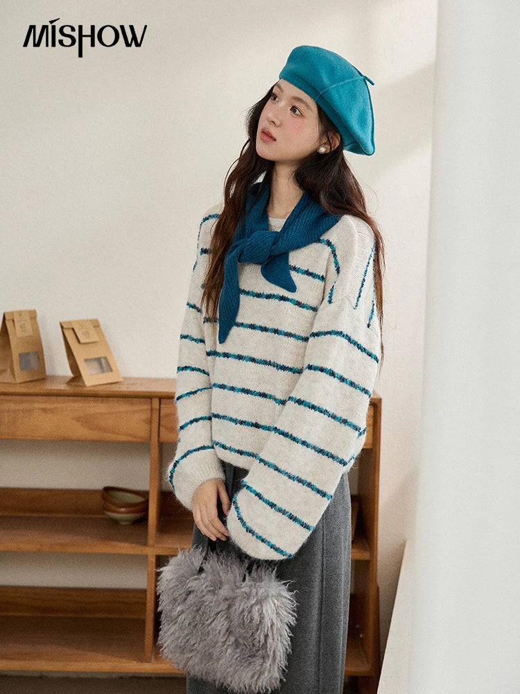 Mishow Blue Striped Alpaca Wool Sweater with Scarf Set MXE90Z2821