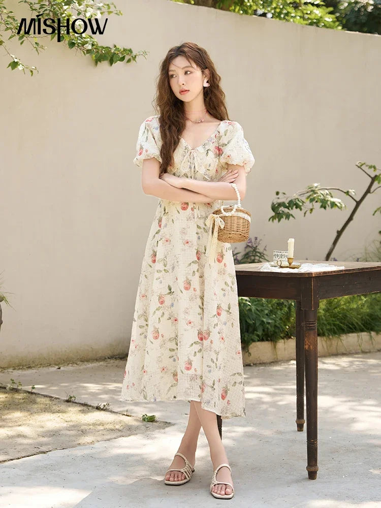 Mishow French A-Line Ruffled V-Neck Puff Sleeve Dress MXC33L1465